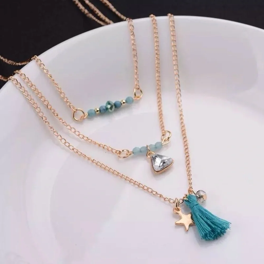Layered Charm Beaded Necklace Women Color Gold & Blue